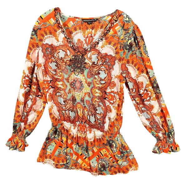 Mushka by Sienna Rose Tops - Mushka by Sienna Rose Top Women 1X Boho Hippie Tie Front Bell Sleeve Mixed Print
